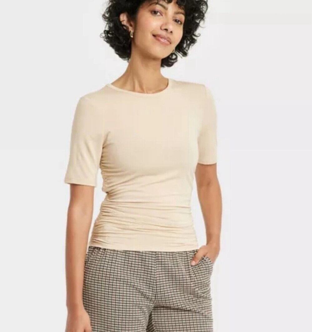 a New Day Elbow Sleeve Slim Fit Crew Neck Ruched Top Women’s XS New